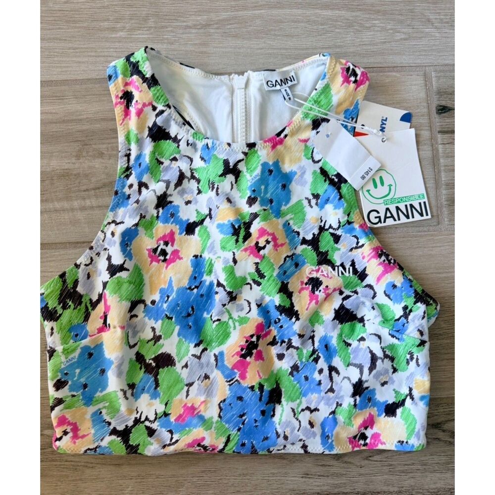 GANNI Floral Racerback Bikini Top NWT Econy Swim Crop 36 Small